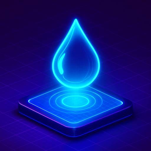 Top down isometric neon cyberpunk 3d glowing water drop hologram projection