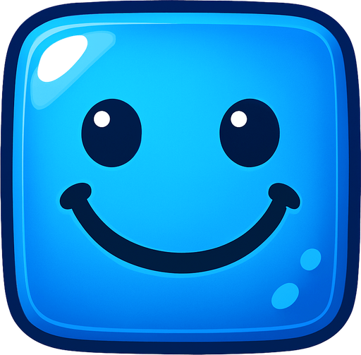 Can you draw a smiling face with rounded edges, square blue and shiny effect?.
In-Game asset.  2d.  High contrast.  No shadows