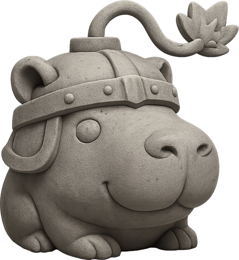 Recrealo en una escultura. Utiliza un estilo cartoon. Usas colores grises. Recuerda que es un capibara usas sus rasgos y formas. Damelo sin fondo