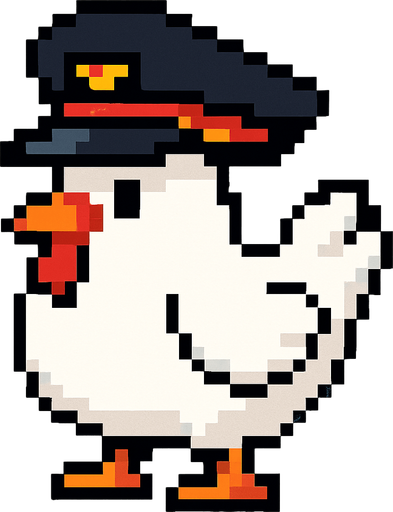 White chicken  military hat style 2d pixel 1980.
In-Game asset.  2d.  High contrast.  No shadows