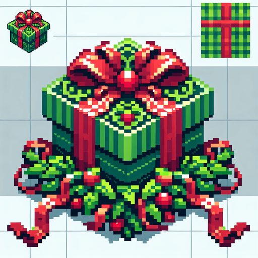 Pixel art of an elaborate green christmas present with red ribbons. Single Game Texture. In-Game asset. 2d. Blank background. High contrast. No shadows.