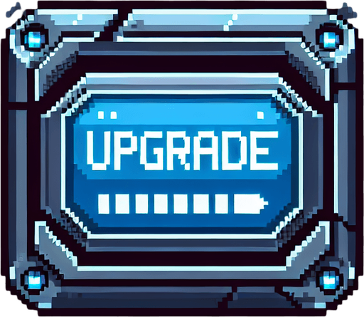 Pixelart. A blue metallic rectangular interface button from a spaceship with the lettering 'UPGRADE' on it..
Single Game Texture. In-Game asset. 2d. Blank background. High contrast. No shadows.