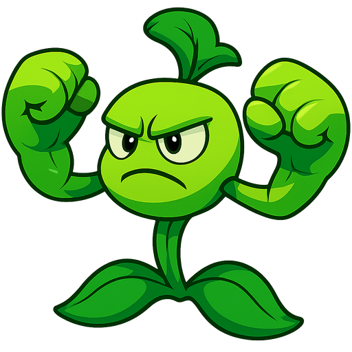 Bonk Choy inspirado en Plants vs. Zombies. Planta verde musculosa con dos enormes puños de hojas brillantes, postura de combate, mirada feroz y determinada. Tallos fuertes, cuerpo compacto, expresión desafiante mirando al frente. Estilo caricaturesco, colores vivos, sin sombras, fondo transparente. Ideal como asset visual 2D para videojuego.
. No background. Transparent background. Blank background. No shadows. 2d. In-Game asset. flat