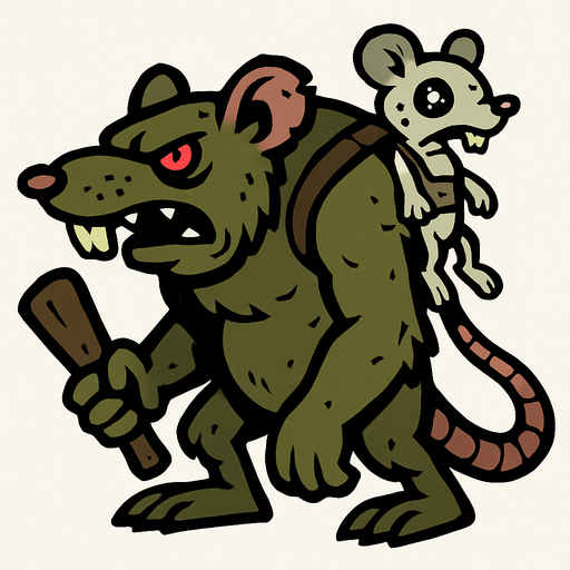 Looks like a gargantuar from plants vs zombies but a rat.
In-Game asset.  2d.  High contrast.  No shadows