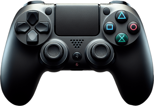 A sleek game controller inspired by a PlayStation design, viewed from a front perspective. On the left side, there is a cluster of four directional arrow buttons arranged in a cross pattern. On the right side, four distinct circular buttons are arranged in a diamond shape, each with a unique symbol: a blue button with a simple 'X', a red button with a 'O', a green button with a triangle, and a pink button with a square. The controller itself is ergonomic, with a clean and modern design, featuring a matte black surface and subtle accents for a polished and professional gaming aesthetic..
Single Game Texture. In-Game asset. 2d. Blank background. High contrast. No shadows.