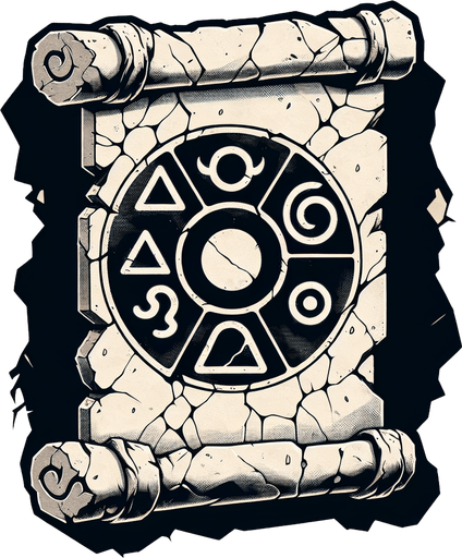 a cracked stone tablet or ancient scroll depicting elemental symbols with a subtle glow..
Single Game Texture.  In-Game asset.  2d.  Blank background.  High contrast.  No shadows