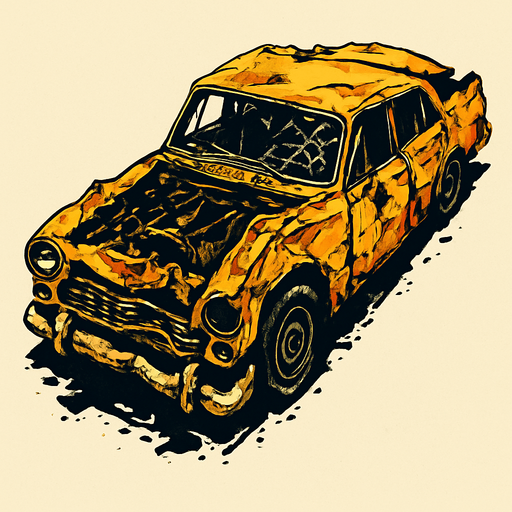 Coche destruido, algo retro visto desde arriba y en posición horizontal.
In-Game asset.  2d.  High contrast.  No shadows