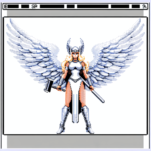 snes female valkyrie white wings spread.
Single Game Texture.  In-Game asset.  2d.  Blank background.  High contrast.  No shadows