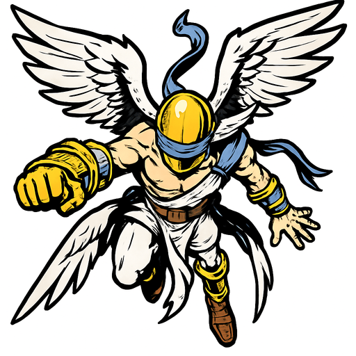 Angemon, visto desde arriba, calidad y detalles altamente épicos..
In-Game asset.  2d.  High contrast.  No shadows