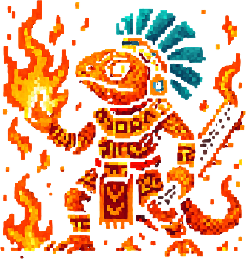 Generame un guerrero azteca con patrones, estilo pixelar, ademas sera una iguana humanoide, con efectos de fuego.
In-Game asset.  2d.  High contrast.  No shadows