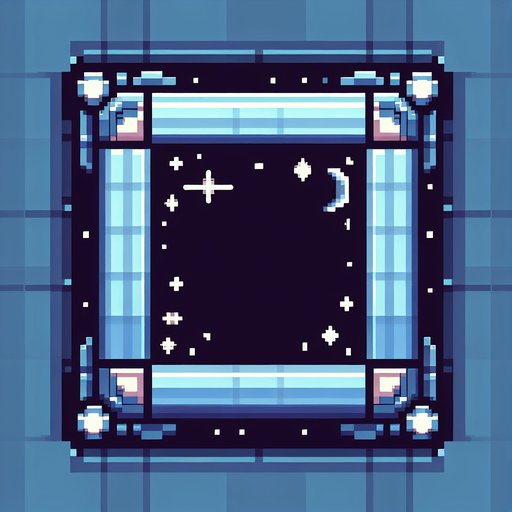 Pixelart. An interface element which is the empty frame for an in-game shop item in the in game shop. with a space theme..
Single Game Texture. In-Game asset. 2d. Blank background. High contrast. No shadows.