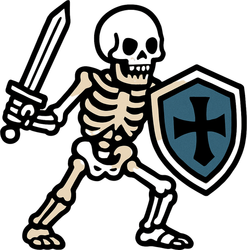 un esqueleto con espada y escudo.
In-Game asset.  2d.  High contrast.  No shadows