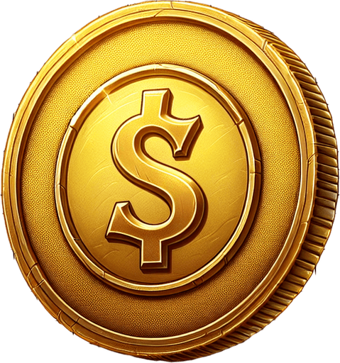 One gold coin.
Single Game Texture.  In-Game asset.  2d.  Blank background.  High contrast.  No shadows