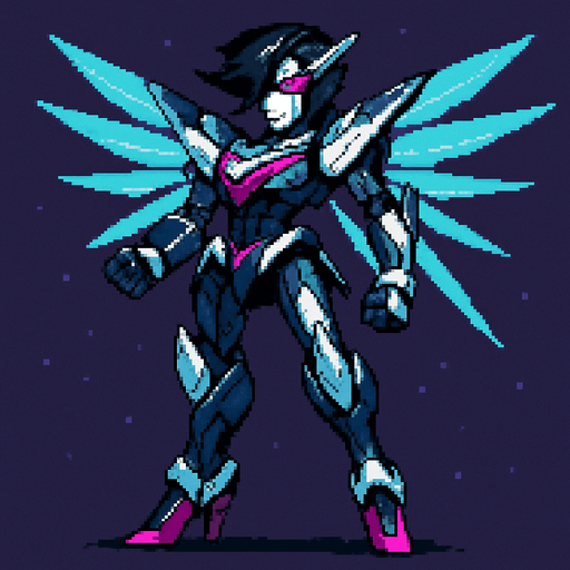 Appearance: An advanced and dramatically redesigned robotic version of Mettaton. It has futuristic armor, energy wings, and a stylized design reminiscent of an anime mecha. He have a heels, 2d pixel art