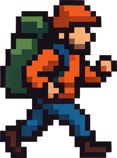 Personaje que sea un alpinista pixelado con una gran mochila que este en movimiento caminando 
In-Game asset.  2d.  High contrast.  No shadows