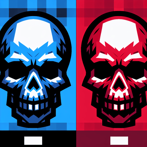 tête de mort coter droit en bleu coter gauche en rouge.
Single Game Texture. In-Game asset. 2d. Blank background. High contrast. No shadows.