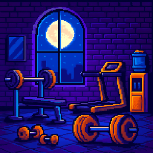 pixel tarzda ay ışığı temalı bir gym salonu çiz.
In-Game asset.  2d.  High contrast.  No shadows. pixel gym salonu