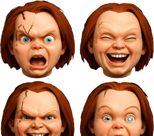 3D Scary and funny face meme chucky. different faces look. face only
In-Game asset.  3D.  High contrast.  No shadows. face only