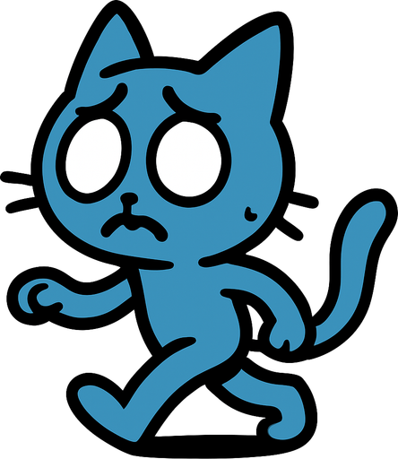 Un gato azul sin pupilas preocupado caminando.
In-Game asset.  2d.  High contrast.  No shadows