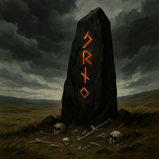 A windswept plain with a cursed black stone monolith, glowing runes etched into it, bones scattered around, storm clouds looming, realistic.
In-Game asset.  2d.  High contrast.  No shadows