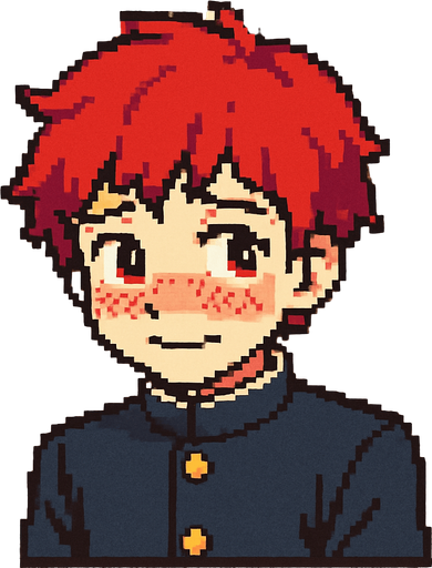 A cute 15-year-old red-haired boy with bright red eyes, wearing a traditional Japanese school uniform (gakuran). He is framed inside a square, showing a shy expression: blushing cheeks, slightly averted gaze, and a small, nervous smile. His shoulders are slightly hunched, giving off a sense of insecurity, yet his cuteness stands out clearly. The image is illustrated in Pixel Art style..
In-Game asset.  2d.  High contrast.  No shadows