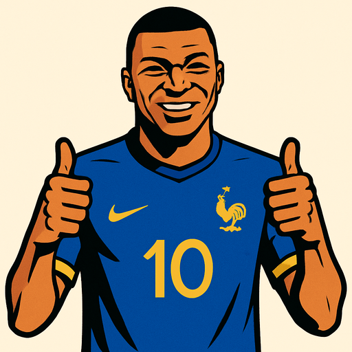 Kylian Mbappé wıth france futboll tshirt makıng thumbsup.
In-Game asset.  2d.  High contrast.  No shadows
