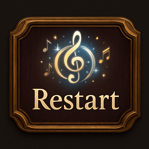 Design a stylish "Restart" button for a fantasy-themed tower defense game called Symphony Siege. The button should look like a polished UI element with a musical theme, fitting the visual style of a haunted concert hall.

Shape: rounded rectangle or ornate frame, with golden or bronze edges and a subtle wood or velvet texture background.

Icon: a circular restart arrow symbol (⟳ or similar), stylized like a treble clef or musical motif, glowing softly in white, gold, or blue.

Optional details: faint floating music notes, light reflections, or sparkles around the icon to suggest magical energy.

Text (optional): include the word "Restart" in elegant serif font, or leave it icon-only.

Make sure the design is readable at small sizes and fits with the existing UI style (clean, magical, classical). No clutter, no background image — just the button asset..
In-Game asset.  2d.  High contrast.  No shadows