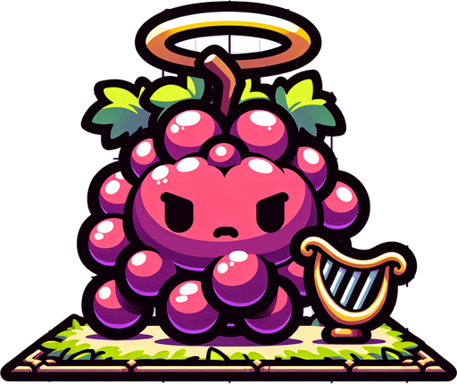 video game cute divine grape bunch Pokémon with an angelic halo above its head and a harp beside it, oversized head occupying most of its body, standing on two tiny chubby feet at the bottom, tiny adorable creature with a cute angry expression, looking straight ahead, facing the camera directly. 2D flat vector illustration.
Single Game Texture. In-Game asset. 2d. Blank background. High contrast. No shadows.