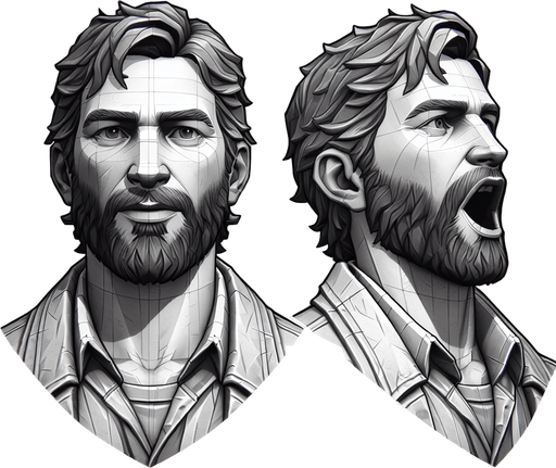 бородатый парень и он же с открытым ртом.
Single Game Texture. In-Game asset. 2d. Blank background. High contrast. No shadows.