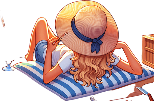 An idyllic llustration of a beach cove where a blond girl in a straw hat is enjoying an large strawberry drink on the deck of her sailing boat as the sun sets. Clean game illustration style..
Single Game Texture. In-Game asset. 2d. Blank background. High contrast. No shadows.