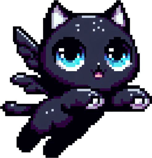 Flying, Cute black cat with blue eyes. Dot picture. Single Game Texture. In-Game asset. 2d. Blank background. High contrast. No shadows.