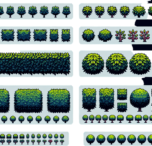 Create a sprite sheet showing the different components of the hedge.  The design should include views from above. Arrange the components on a dark background, neatly aligning each part in rows and columns for easy identification and use in game development..
Single Game Texture. In-Game asset. 2d. Blank background. High contrast. No shadows.