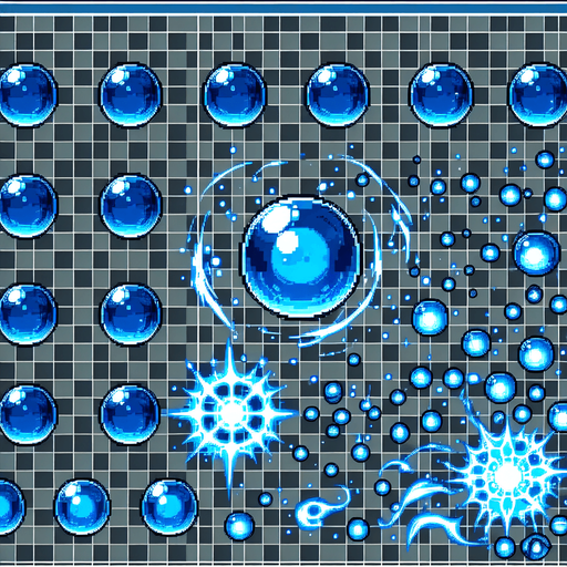 A sprite sheet of blue force field bubbles.
Single Game Texture. In-Game asset. 2d. Blank background. High contrast. No shadows.