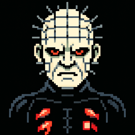 pinhead hellraiser pixel art.
In-Game asset.  2d.  High contrast.  No shadows