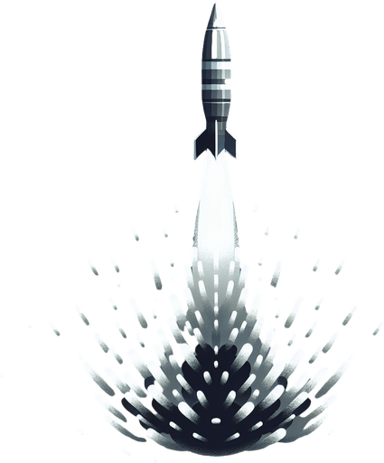 a missile with the trail. the missile is pointing to the top, and the trail goes down. no background, top-down view.
Single Game Texture.  In-Game asset.  2d.  Blank background.  High contrast.  No shadows