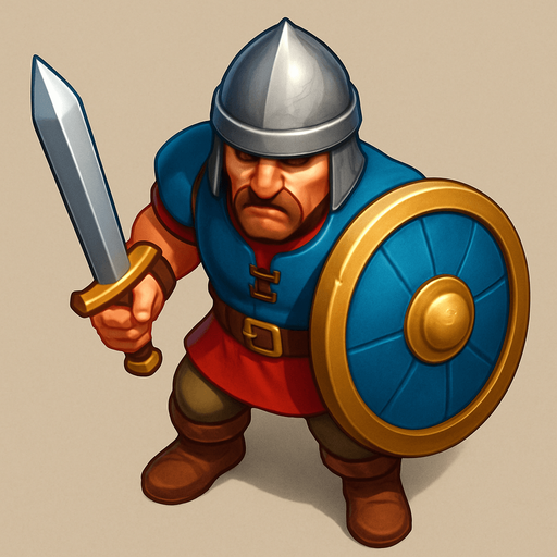 Kılıç ve kalkanlı çağı saldırı askeri, Gerçekçi, kuş bakışı görünüm, yazısız..
In-Game asset.  High contrast.  No shadows, renkli 3d olsun.