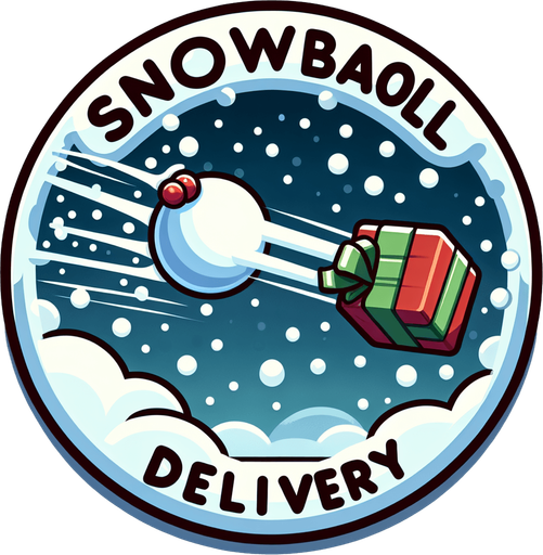 Icon for a snowball hitting a present in the sky, on a circle, with the text „Snowball Delivery“ at top, cartoon, christmas style Single Game Texture. In-Game asset. 2d. Blank background. High contrast. No shadows.