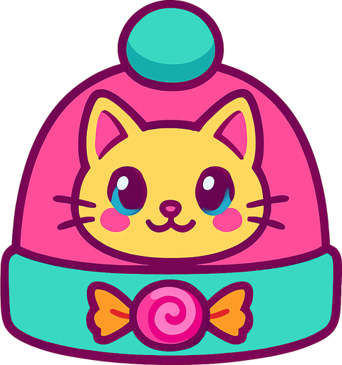 cute candy cat design beanie top view..
In-Game asset.  2d.  High contrast.  No shadows