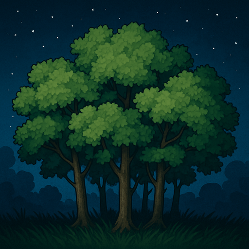 Arboleda, con fondo, cielo nocturno, algo realista.
In-Game asset.  2d.  High contrast.  No shadows