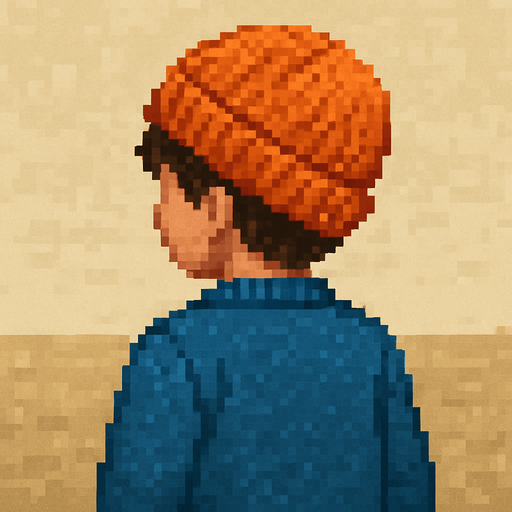 pixel mavi kazaklı yüzü dönük çocuk yap. beresi turuncu olsun