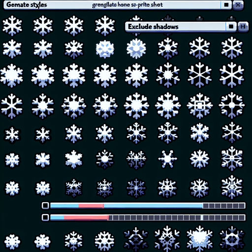 A sprite sheet of different snow flakes. Cartoon.
Single Game Texture. In-Game asset. 2d. Blank background. High contrast. No shadows.