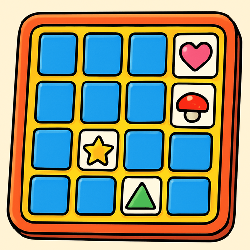 a cartoon style 3d image of a memory match board game with some cards face up and some cards face down..
In-Game asset.  2d.  High contrast.  No shadows