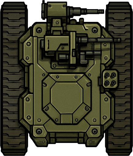 Top view of a Heavy armored military ground drone.
In-Game asset.  2d.  High contrast.  No shadows
