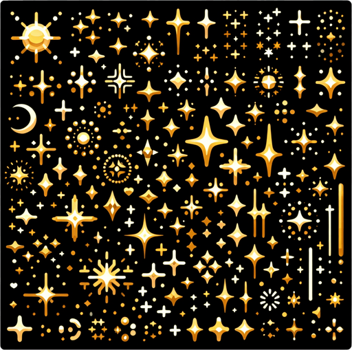 A sprite sheet of different golden sparkles..
Single Game Texture. In-Game asset. 2d. Blank background. High contrast. No shadows.