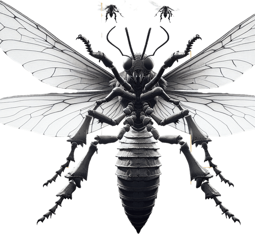 Giant insect, facing down, open wings, cartoony.
Single Game Texture. In-Game asset. 2d. Blank background. High contrast. No shadows.