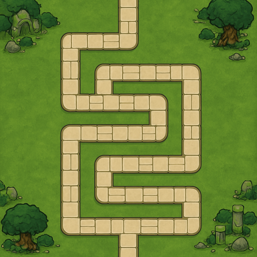 A top-down orthographic view of a TD map. The focus is a single, continuous stone-paved path. This path is a long, serpentine line that twists and turns across the map in a strict grid pattern with sharp 90-degree angles. Crucially, the path never forks, branches, or intersects with itself; it is one unbroken line from start to finish. It enters at the top-center edge and exits at the bottom-center edge. The buildable areas next to the path are wide, flat, and empty grass. All decorative clutter, like mossy ruins and ancient trees, is kept exclusively on the outer perimeter of the map. Stylized and hand-painted. --no towers, no characters, no buildings, no crossroads, no forks.
In-Game asset.  2d.  High contrast.  No shadows