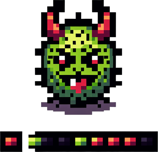 a demonic kiwi, pixel style.
Single Game Texture.  In-Game asset.  2d.  Blank background.  High contrast.  No shadows