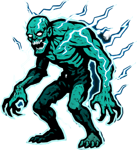 yıldırımlarla kaplı bir canavar istiyorum hafif kambur duruşlu biraz zombi gibi.
In-Game asset.  2d.  High contrast.  No shadows