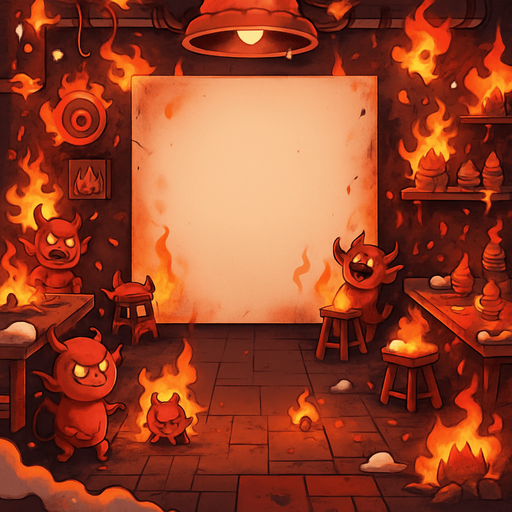 change santas to little devils and make everything chaotic and flames and snows. a whiteboard in the middle of the image as it is now
