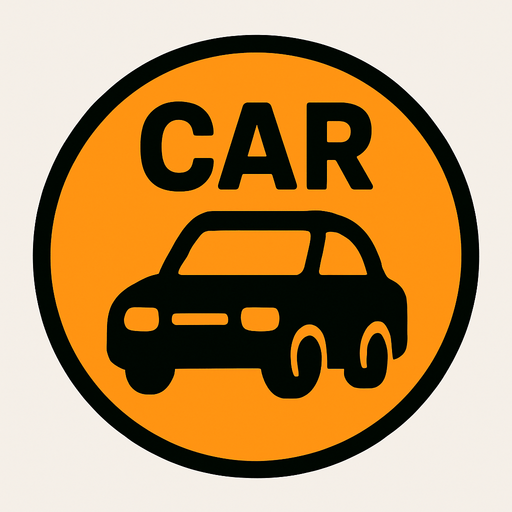 Car yazili araba temali turuncu ve daire bir dugme.
In-Game asset.  2d.  High contrast.  No shadows